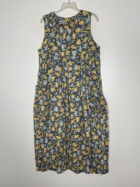 Laura Ashley Vintage Blue Floral Cotton Pockets Sleeveless Midi Dress Size 10